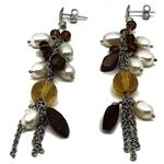 El Coral Earrings White Pearls, Citrine, Ebony and Silver Chain Pendants