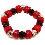 El Coral Bracelet Red Coral Rings and Black Agate Balls with Silvered Balls elastic