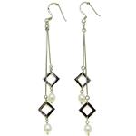El Coral Earrings 2 White Pearls with 2 Rhombus and Pendants