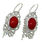 Coralli di Sardegna Earrings Red Coral Cabochon and Silver Filigree, 35mm. length