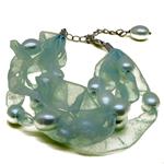 El Coral Bracelet Light Blue Pearls with Blue Organza, Adjustable Clasp