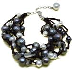 El Coral Bracelet Grey and White Pearls, Labradorite and Thread, Adjustable
