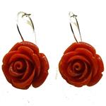 El Coral Earring Red Coral with Rose Shape 20mm and Silver, 3cm Length