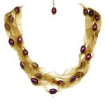 El Coral Necklace Violet Pearls with Brown Organza, Adjustable Clasp