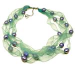 El Coral Necklace Lilac Pearls with Blue Organza, Adjustable Clasp