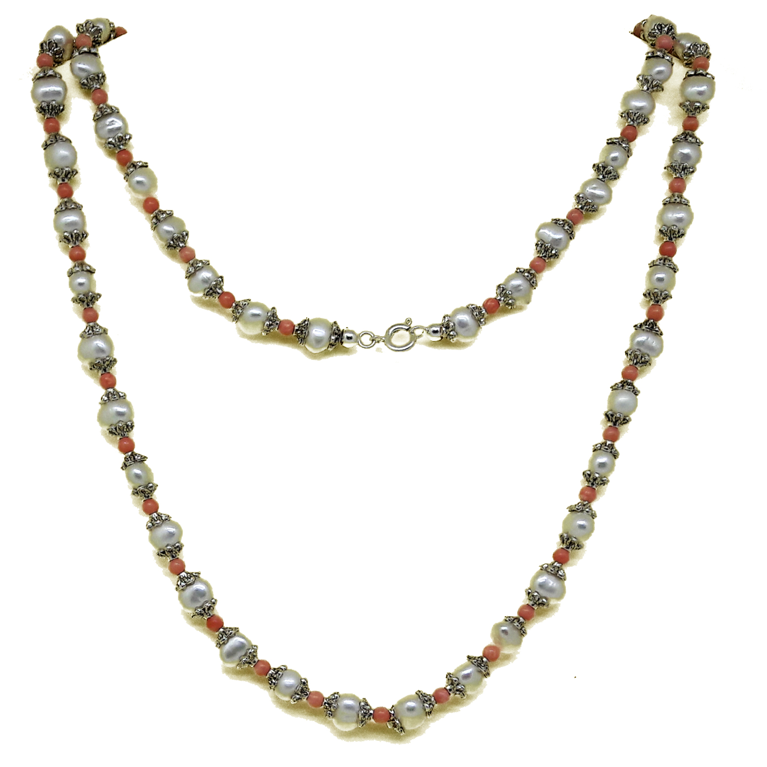 coral zamak necklace and pearls