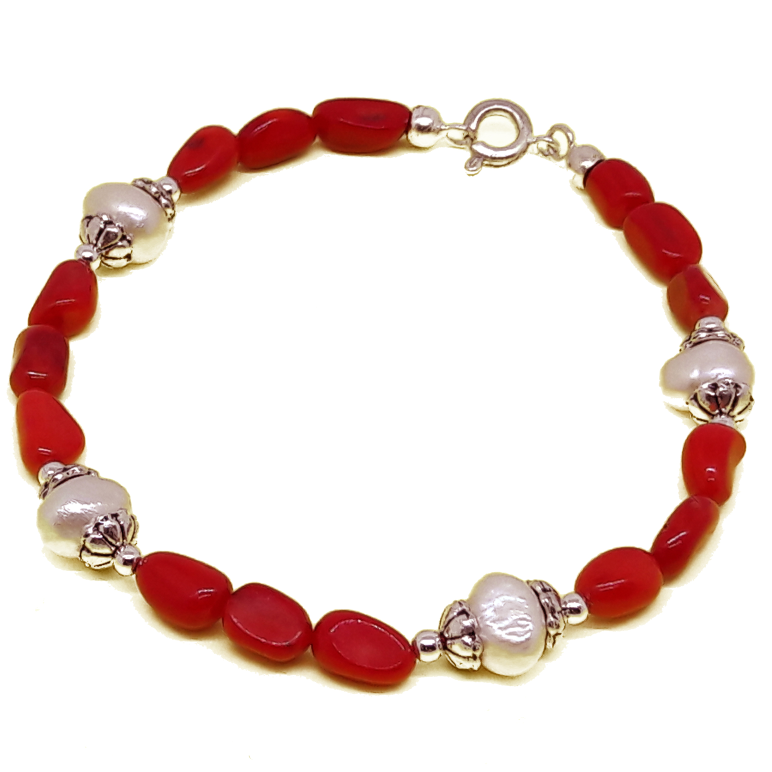 coral zamak bracelet and pearls